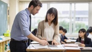 Assistant Language Teacher and Japanese teacher team teaching in a Japanese classroom